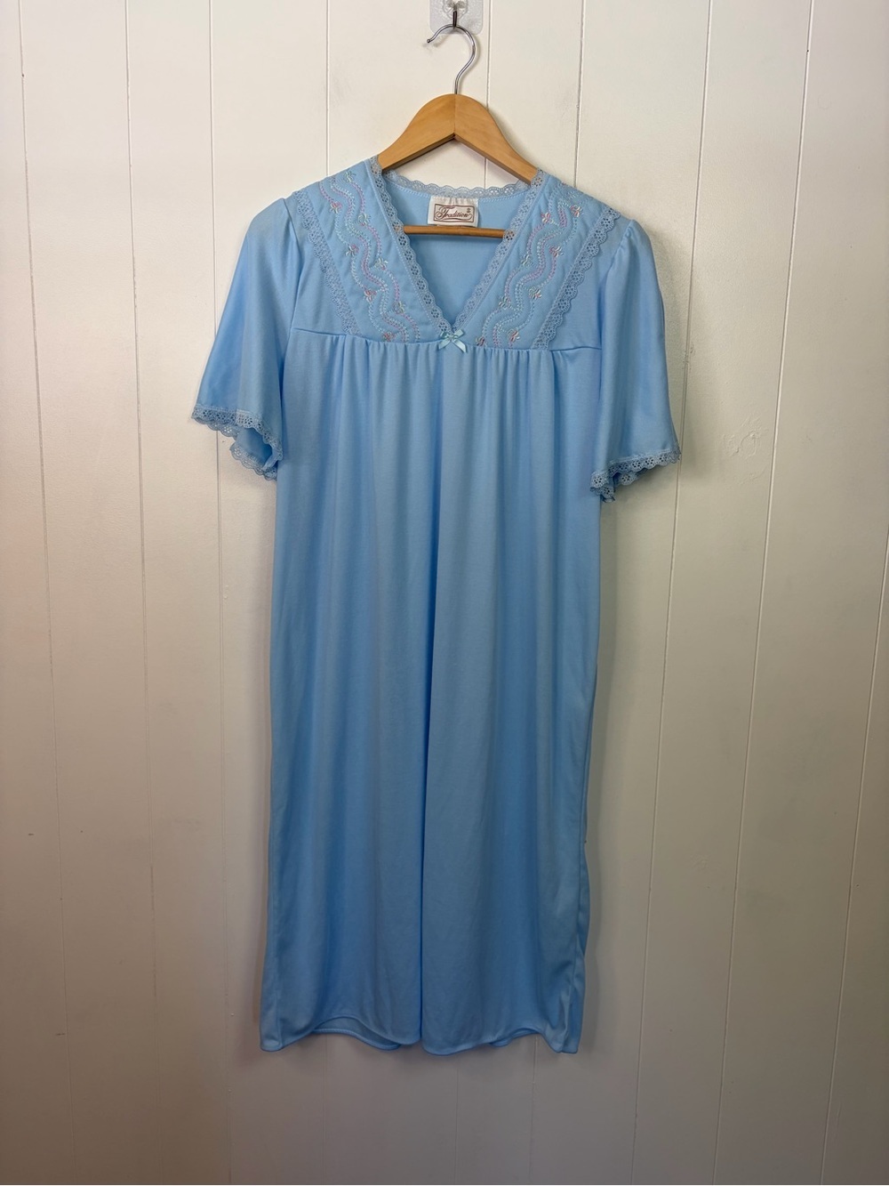 Vintage Blue Nightgown Womens short Sleeve Sleep House Dress Granny Chic Large